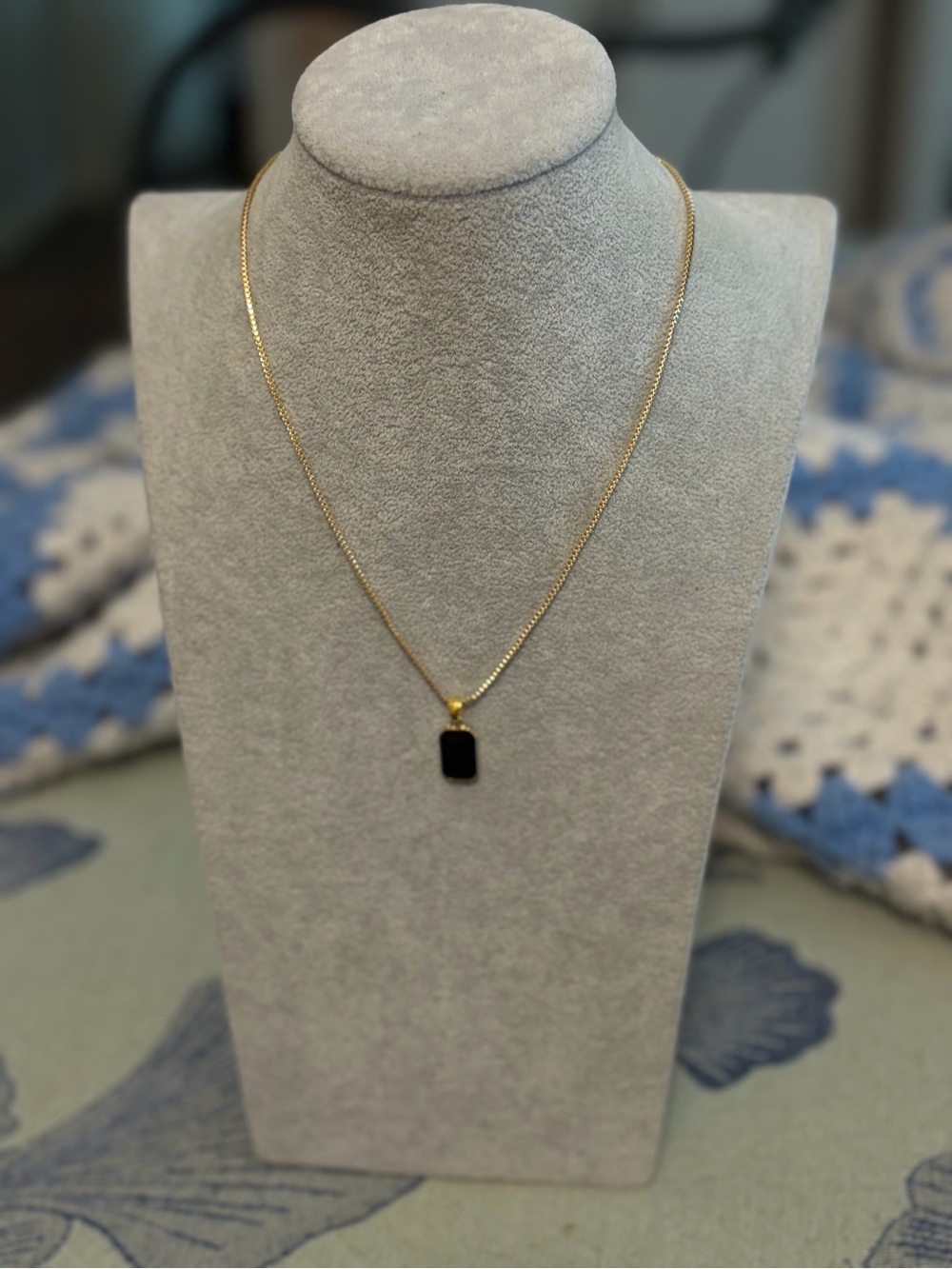 Gold-Tone Box Chain Necklace with Black Rectangle Pendant